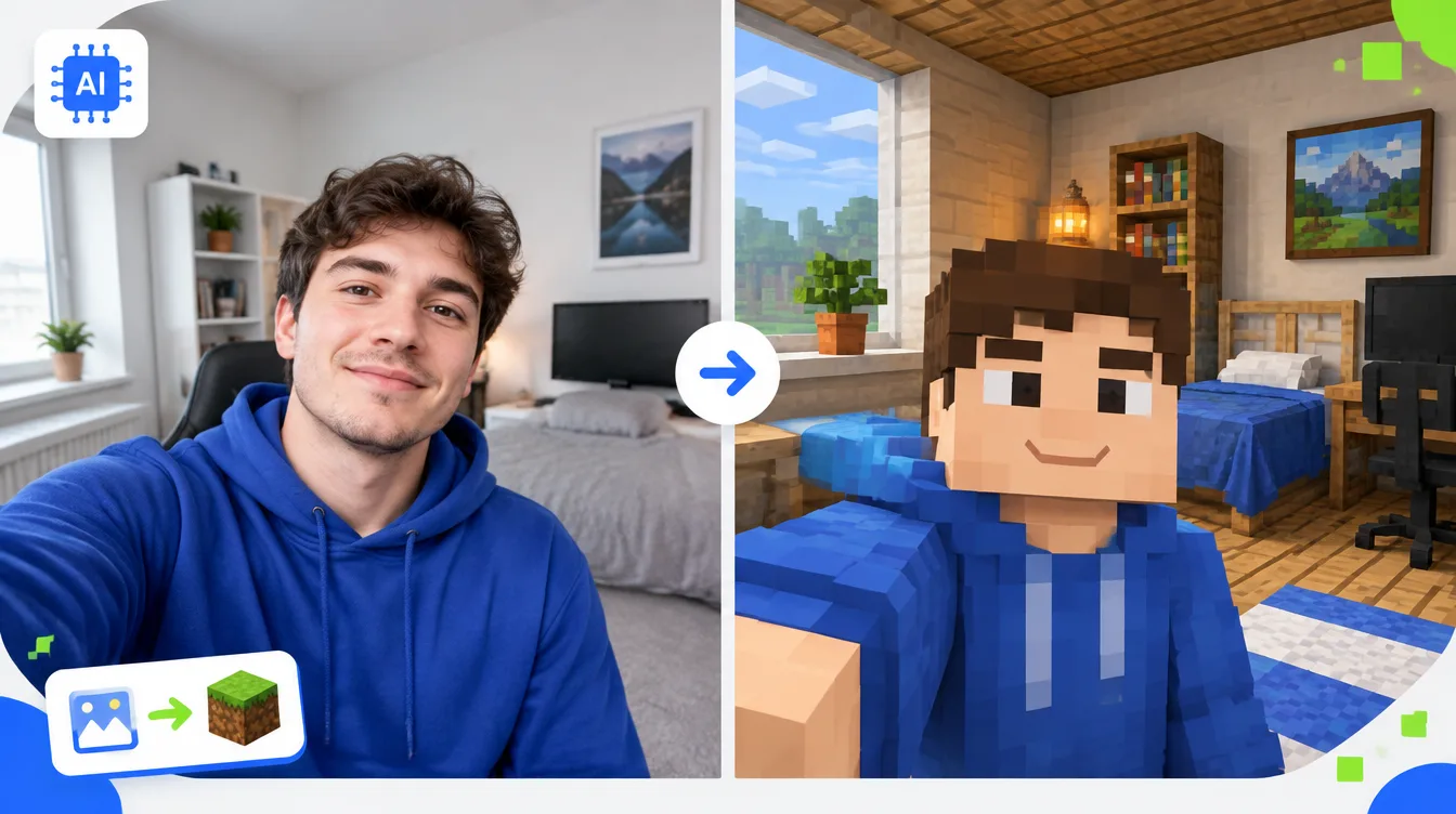 Пример до и после: обычное фото человека в комнате слева и то же фото в стиле Minecraft с блочной мебелью и воксельным небом справа