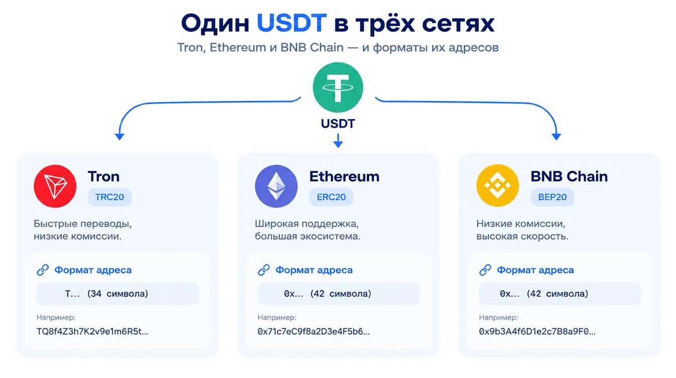 Схема: один USDT в трёх сетях — Tron, Ethereum и BNB Chain — и форматы их адресов