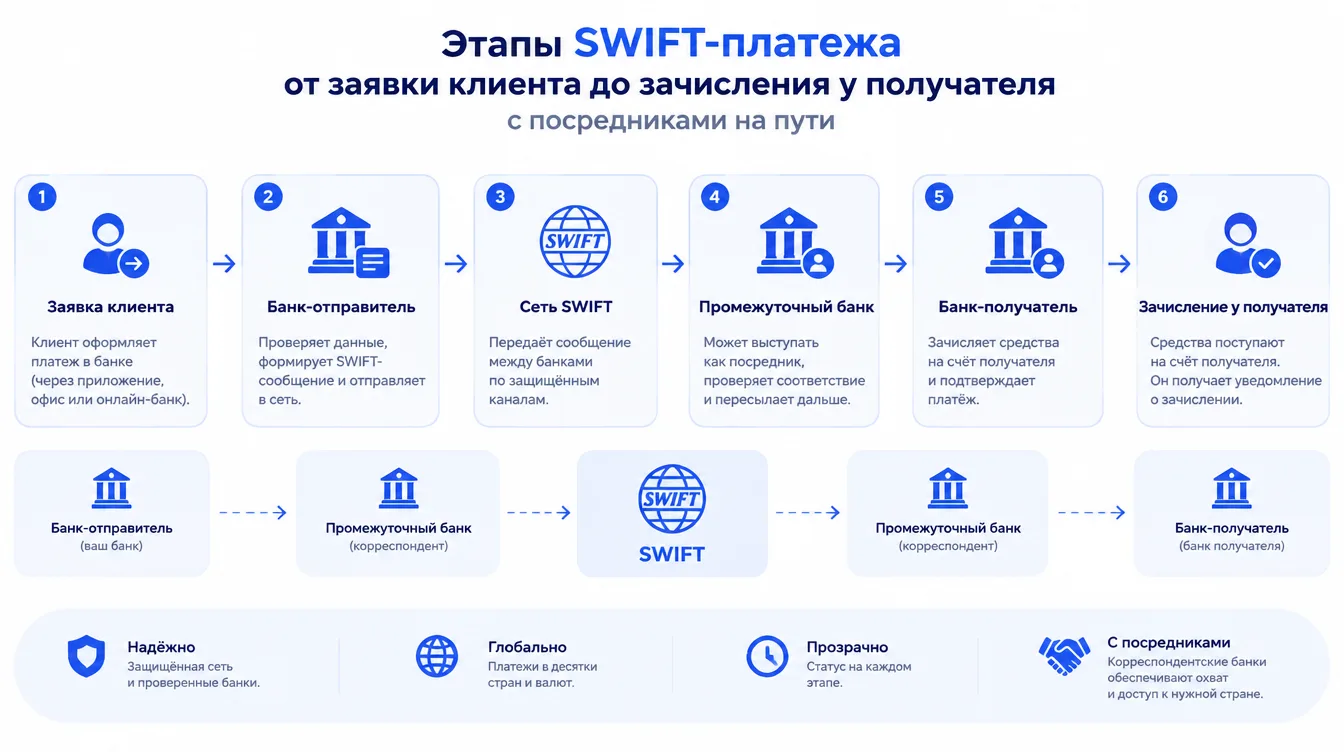 Схема: этапы SWIFT-платежа от заявки клиента до зачисления у получателя с посредниками на пути