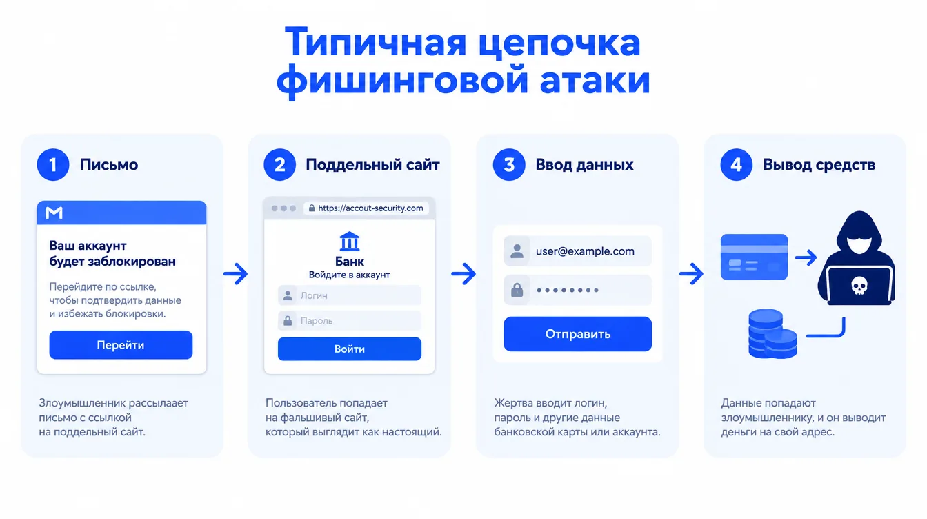 Схема: типичная цепочка фишинговой атаки — письмо, поддельный сайт, ввод данных, вывод средств на адрес злоумышленника