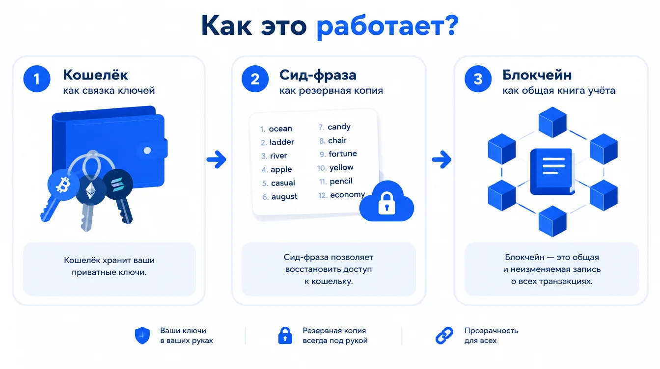 Схема: кошелёк как связка ключей, сид-фраза как резервная копия, блокчейн как общая книга учёта