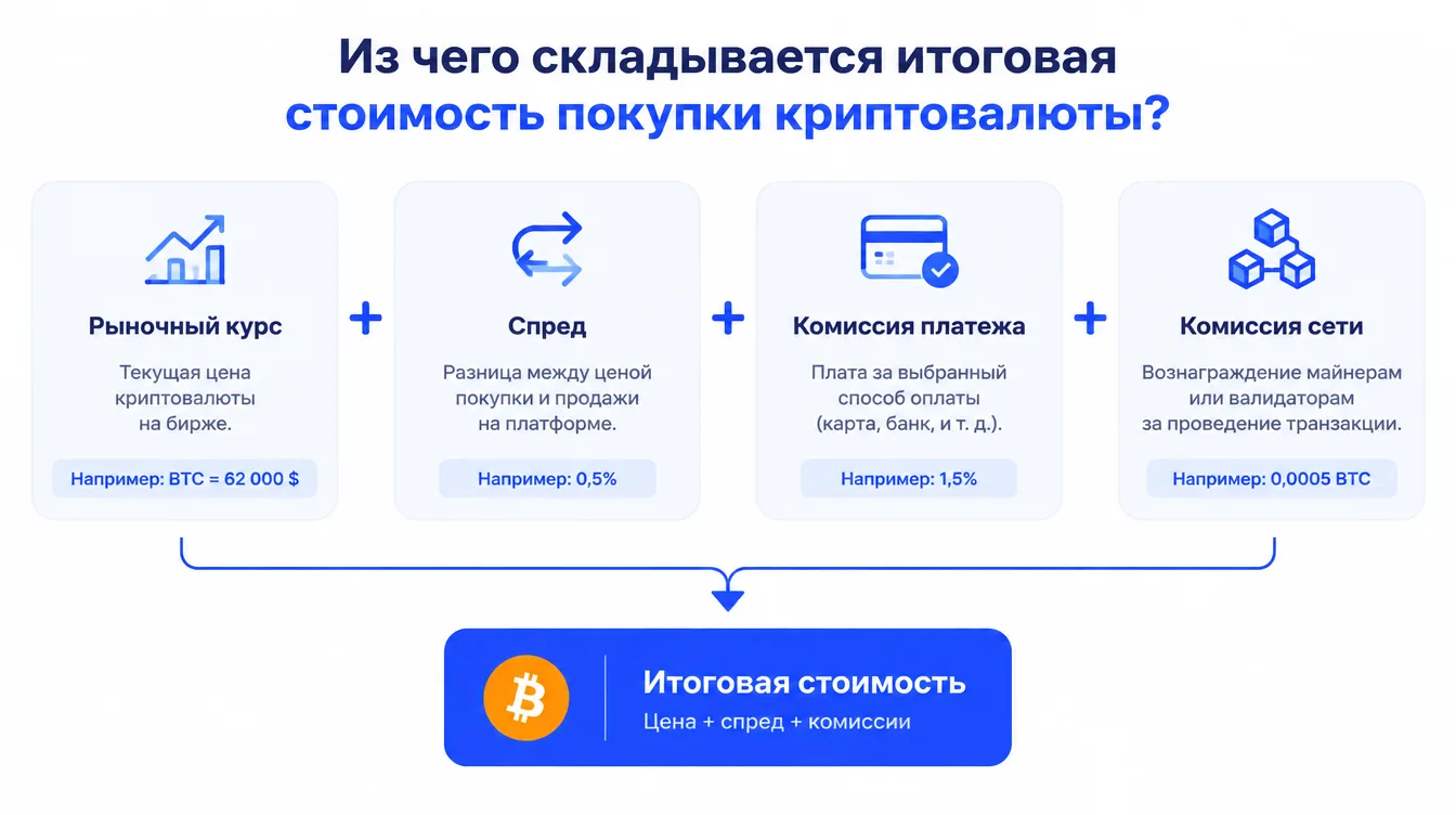 Схема: из чего складывается итоговая стоимость покупки криптовалюты: рыночный курс, спред, комиссия платежа и комиссия сети