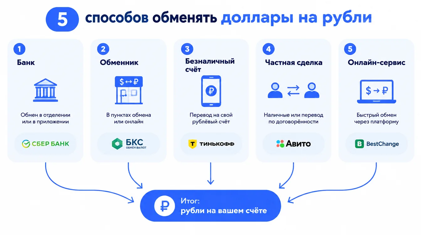Схема: пять способов обменять доллары на рубли и стрелки к итоговой сумме — банк, обменник, безналичный счёт, частная сделка