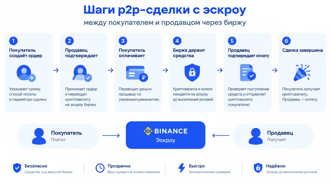 Схема: шаги p2p-сделки с эскроу между покупателем и продавцом через биржу