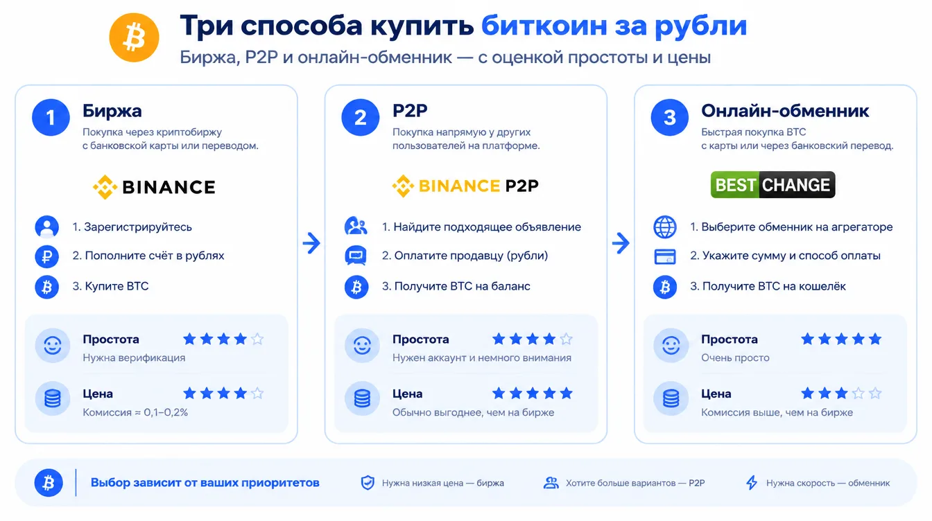 Схема: три способа купить биткоин за рубли — биржа, P2P и онлайн-обменник — с оценкой простоты и цены