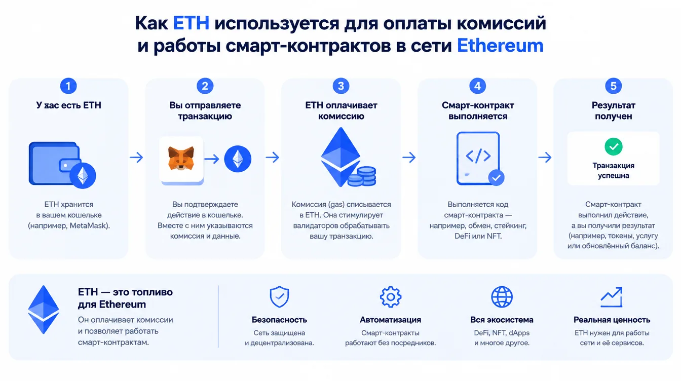 Схема: как ETH используется для оплаты комиссий и работы смарт-контрактов в сети Ethereum