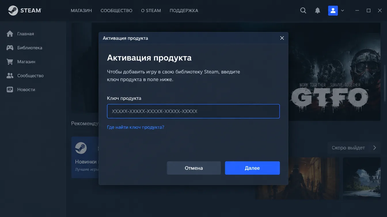 Скриншот: окно Steam «Активация продукта» с полем для ввода ключа игры