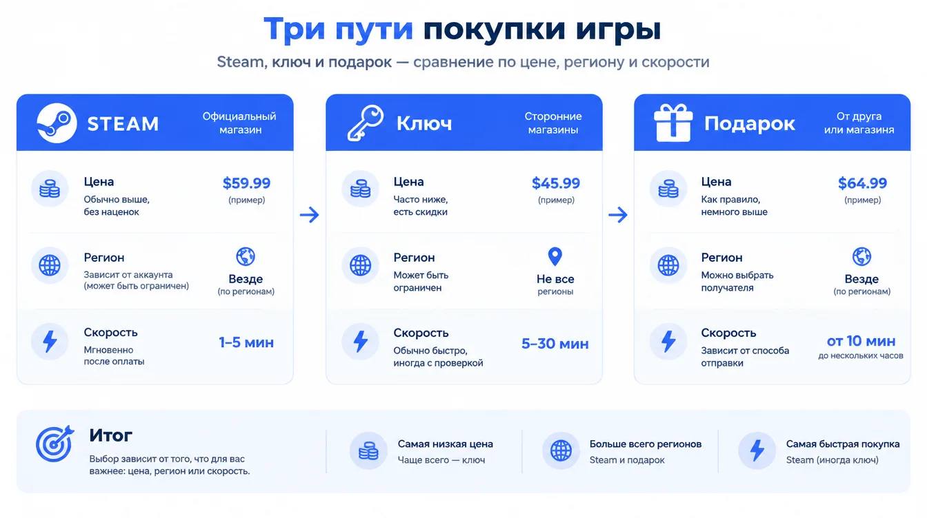 Схема: сравнение трёх путей покупки игры — Steam, ключ и подарок — по цене, региону и скорости