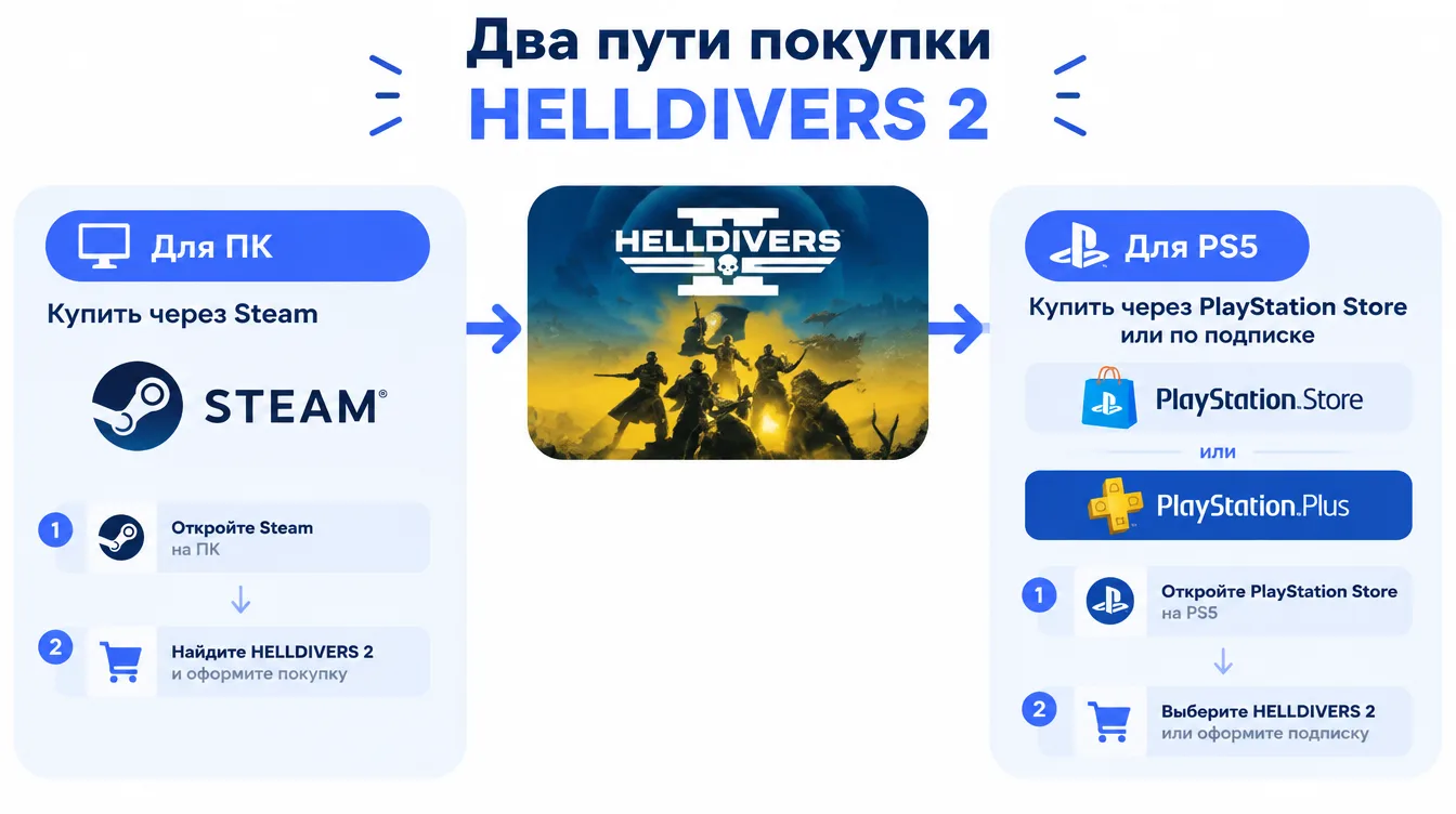 Схема: два пути покупки HELLDIVERS 2 — для ПК через Steam и для PS5 через PlayStation Store или подписку
