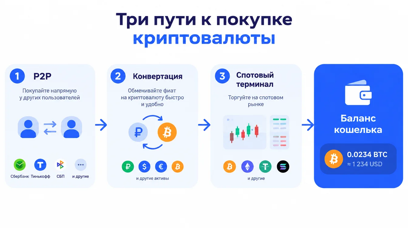 Схема: три пути к покупке криптовалюты, P2P, конвертация и спотовый терминал, ведущие к балансу кошелька