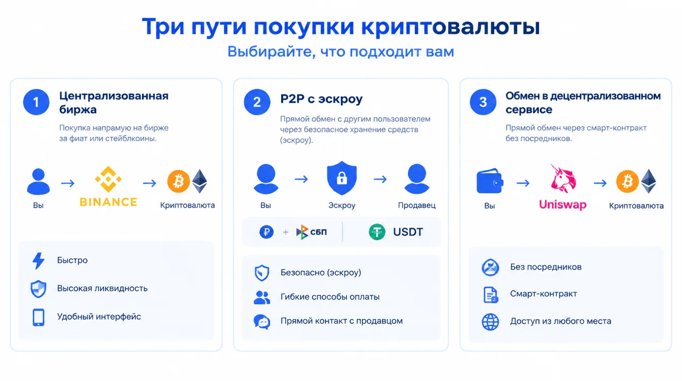 Схема: три пути покупки криптовалюты — централизованная биржа, P2P с эскроу, обмен в децентрализованном сервисе