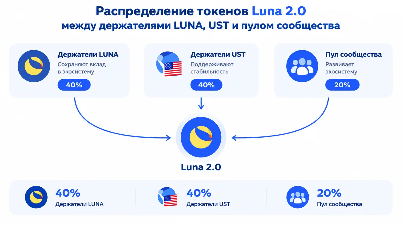 Диаграмма: распределение токенов Luna 2.0 между держателями LUNA, UST и пулом сообщества