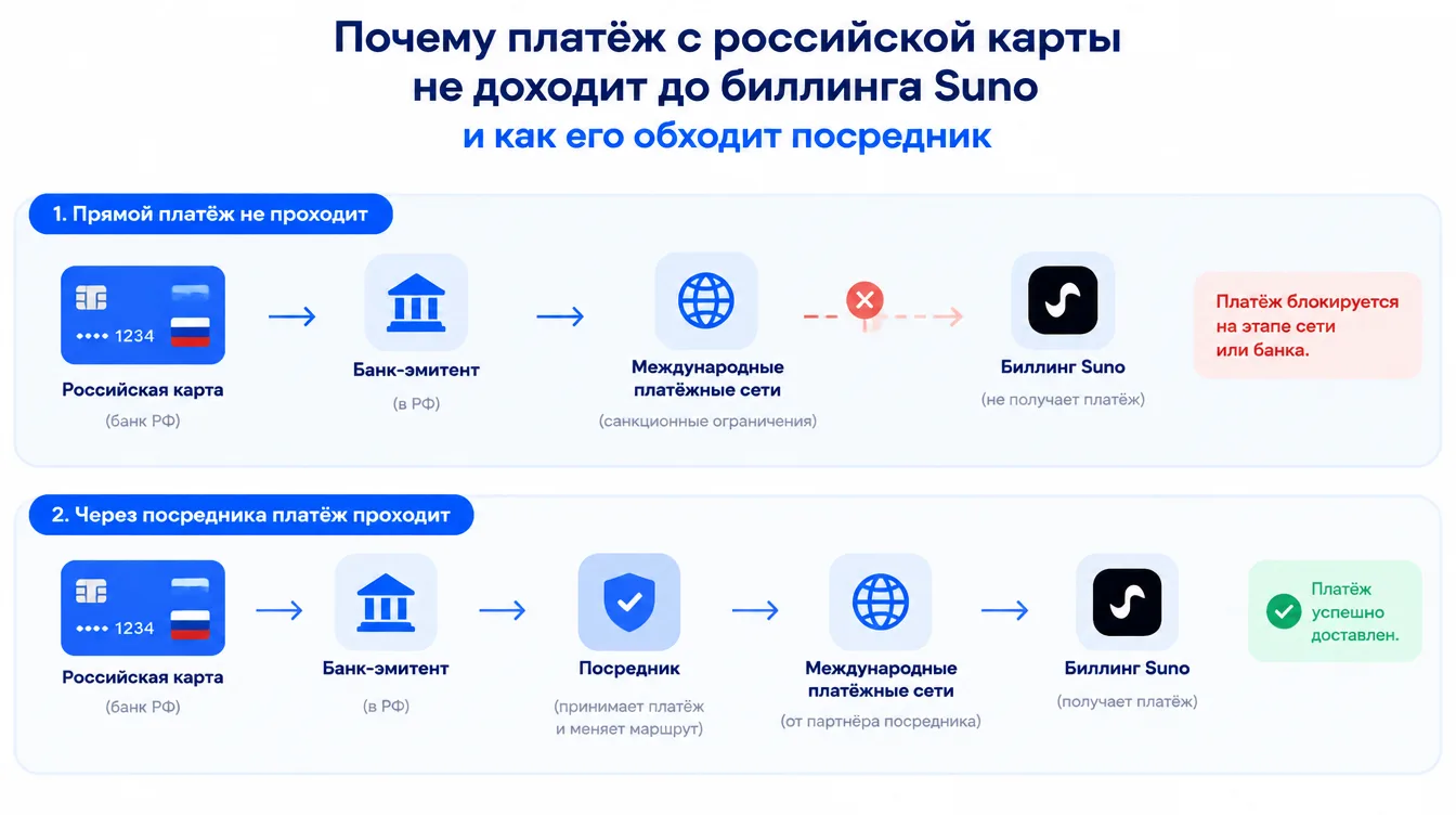 Схема: почему платёж с российской карты не доходит до биллинга Suno и как его обходит посредник