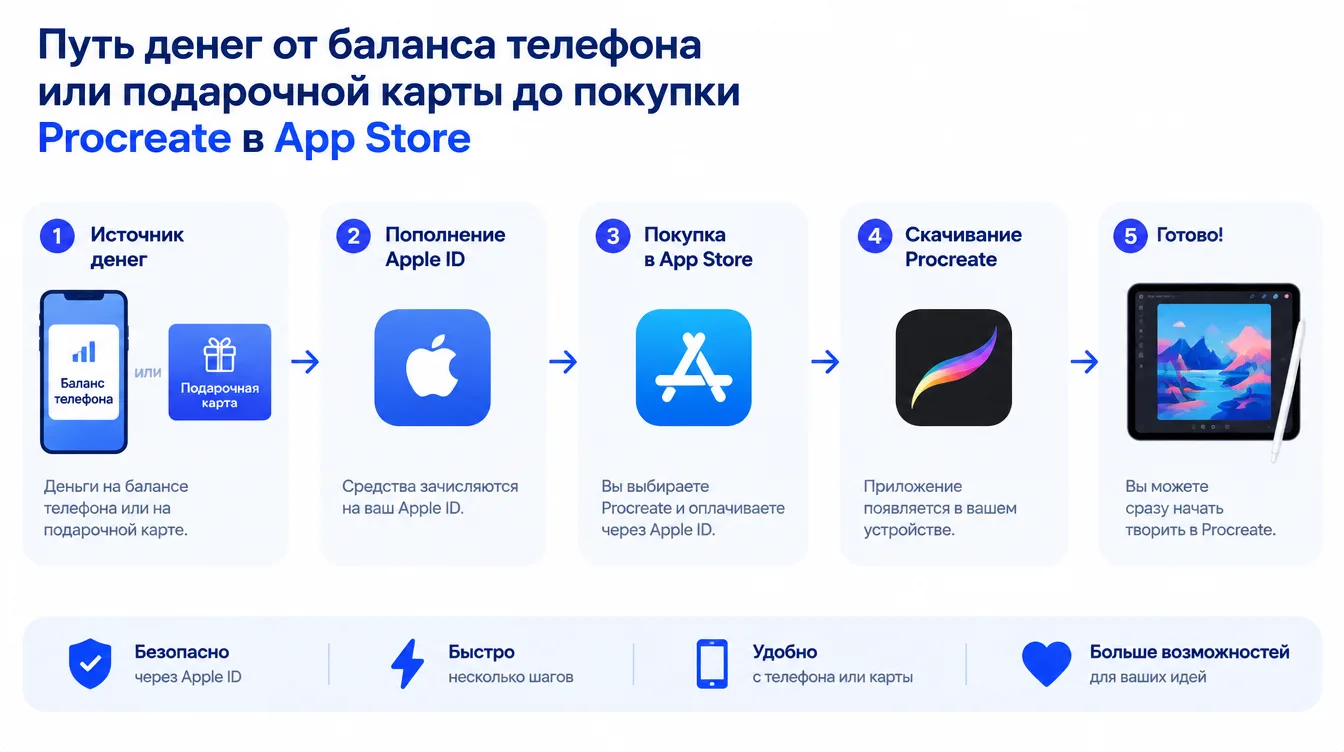 Схема: путь денег от баланса телефона или подарочной карты до покупки Procreate в App Store