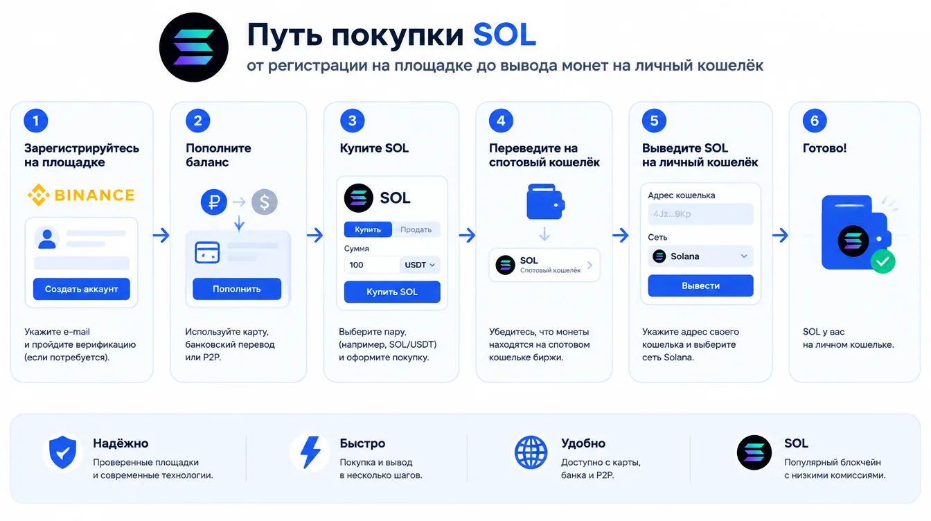 Схема: путь покупки SOL от регистрации на площадке до вывода монет на личный кошелёк