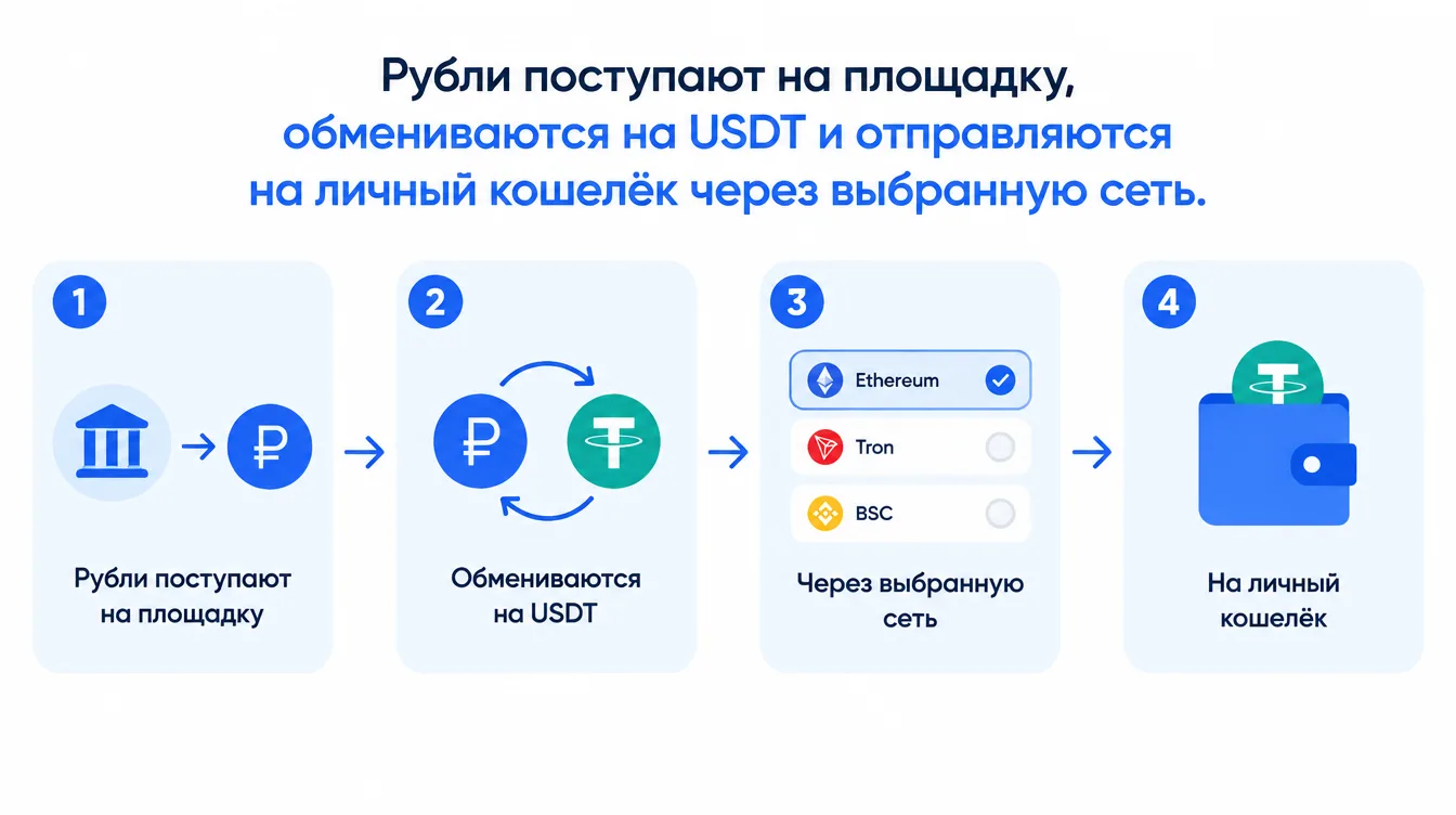 Схема: рубли поступают на площадку, обмениваются на USDT и отправляются на личный кошелёк через выбранную сеть
