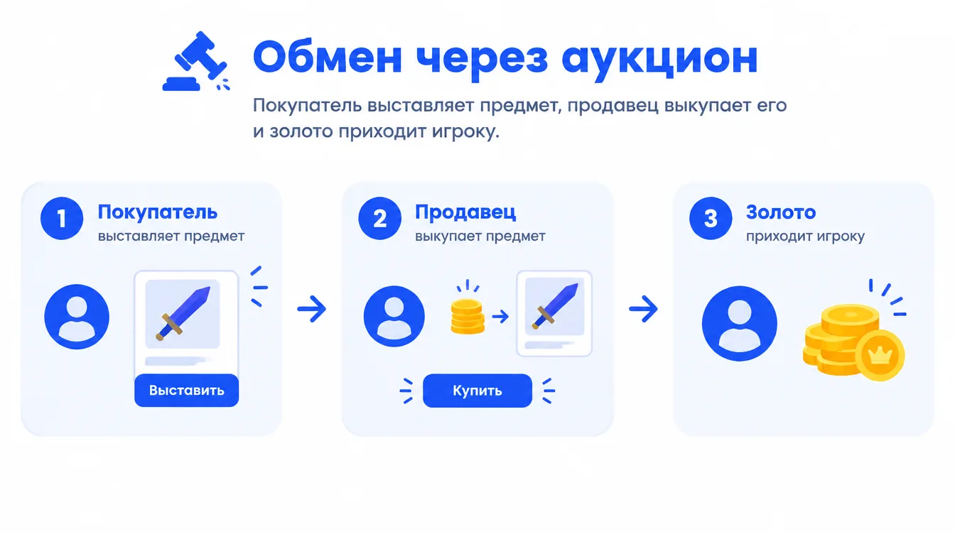 Схема: обмен через аукцион — покупатель выставляет предмет, продавец выкупает его и золото приходит игроку