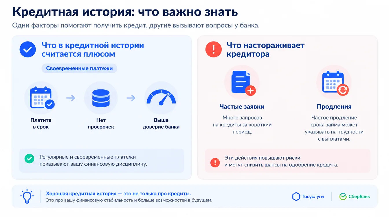 Схема: что в кредитной истории считается плюсом (своевременные платежи) и что настораживает кредитора (частые заявки, продления)