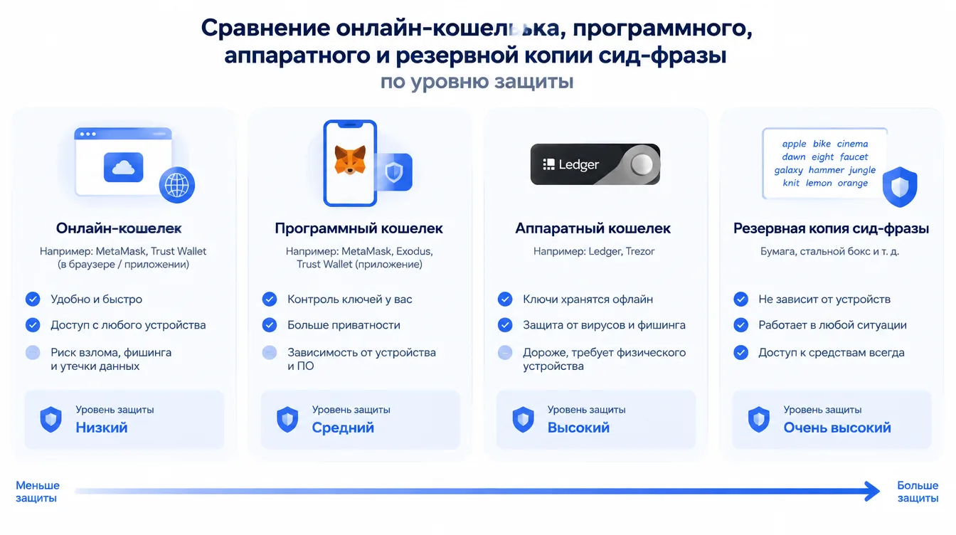Схема: сравнение онлайн-кошелька, программного, аппаратного и резервной копии сид-фразы по уровню защиты