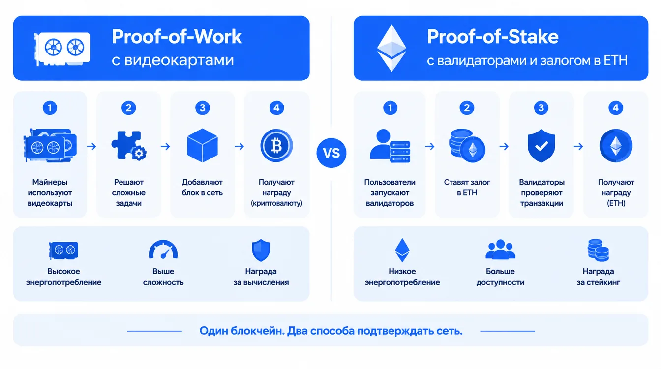 Схема: слева Proof-of-Work с видеокартами, справа Proof-of-Stake с валидаторами и залогом в ETH