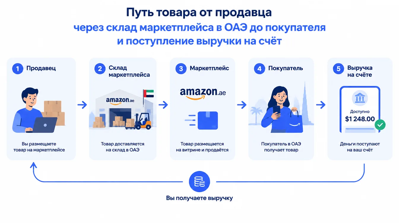 Схема: путь товара от продавца через склад маркетплейса в ОАЭ до покупателя и поступление выручки на счёт