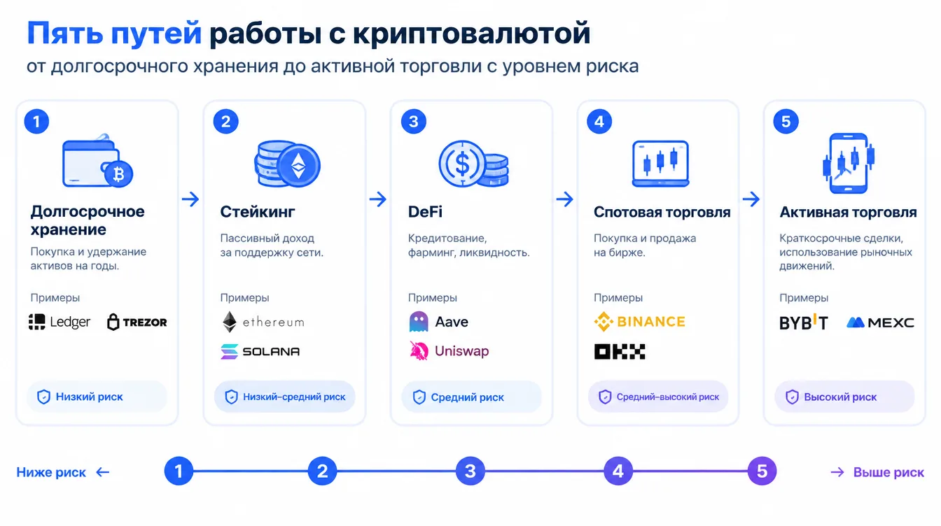 Схема: пять путей работы с криптовалютой от долгосрочного хранения до активной торговли с уровнем риска