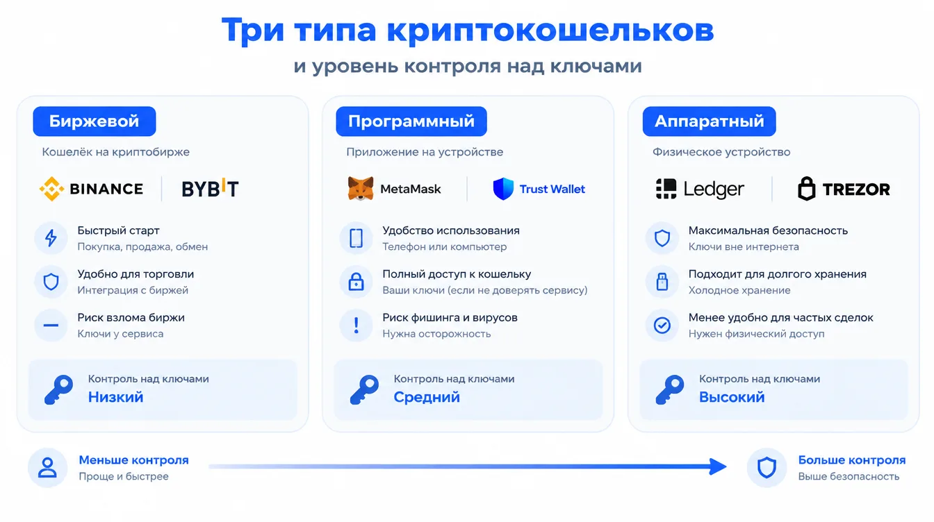 Схема: три типа криптокошельков (биржевой, программный, аппаратный) и уровень контроля над ключами
