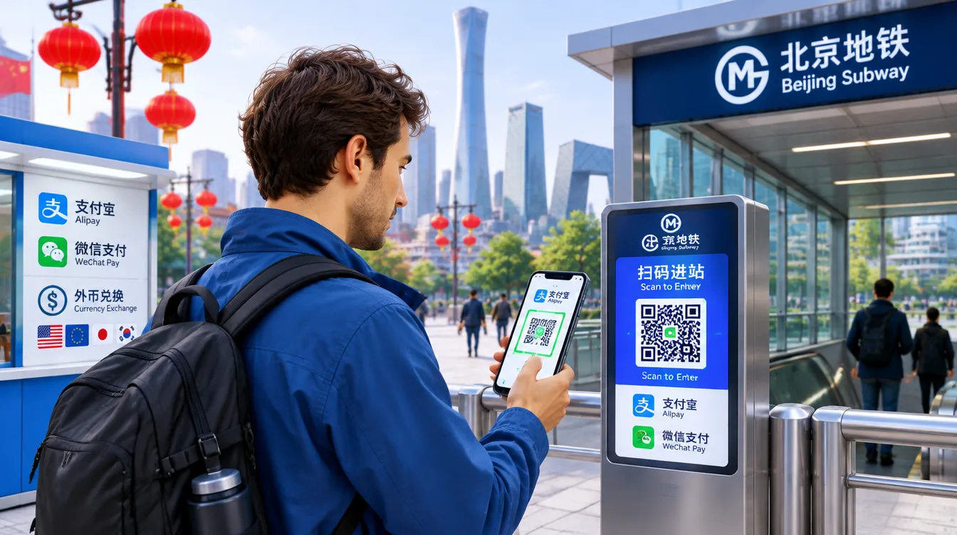 Иллюстрация: турист у входа в метро Пекина сканирует QR-код телефоном, на заднем плане красные фонари и стеклянные небоскрёбы