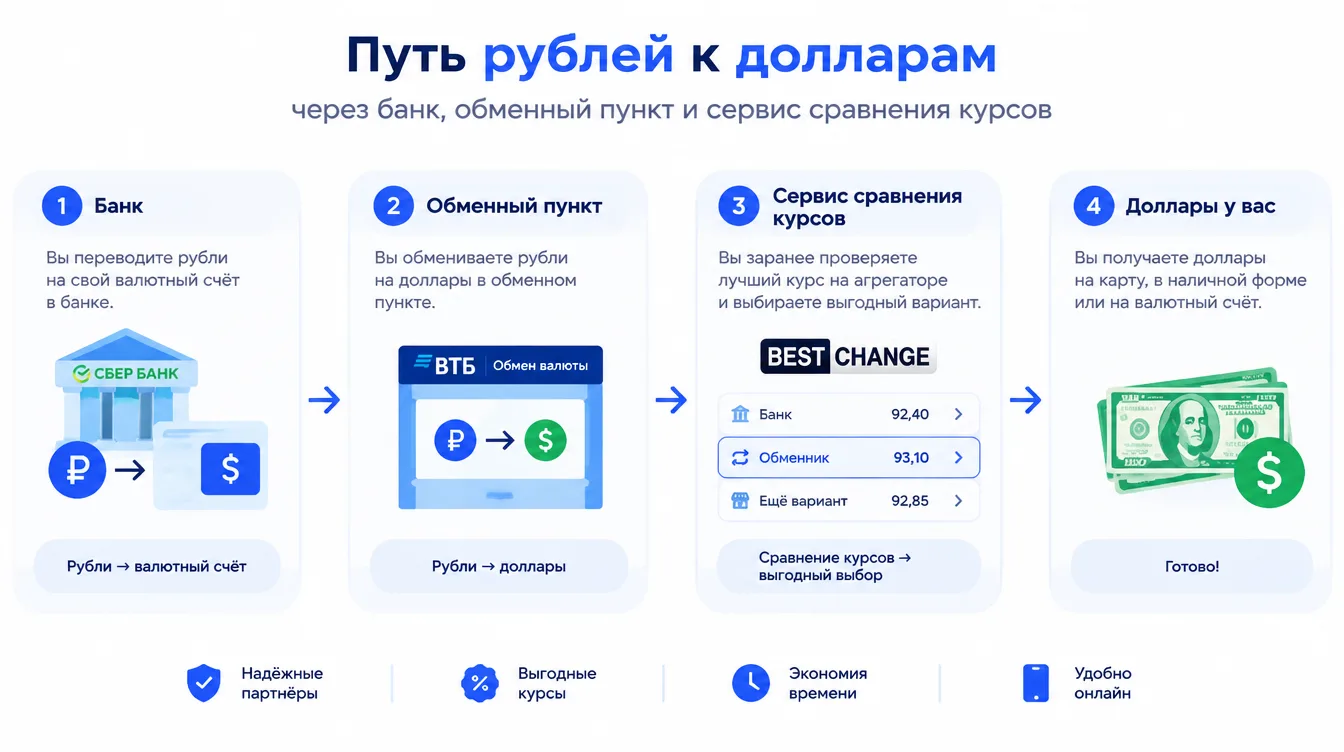 Схема: путь рублей к долларам через банк, обменный пункт и сервис сравнения курсов