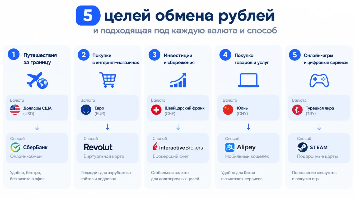 Схема: пять целей обмена рублей и подходящая под каждую валюта и способ