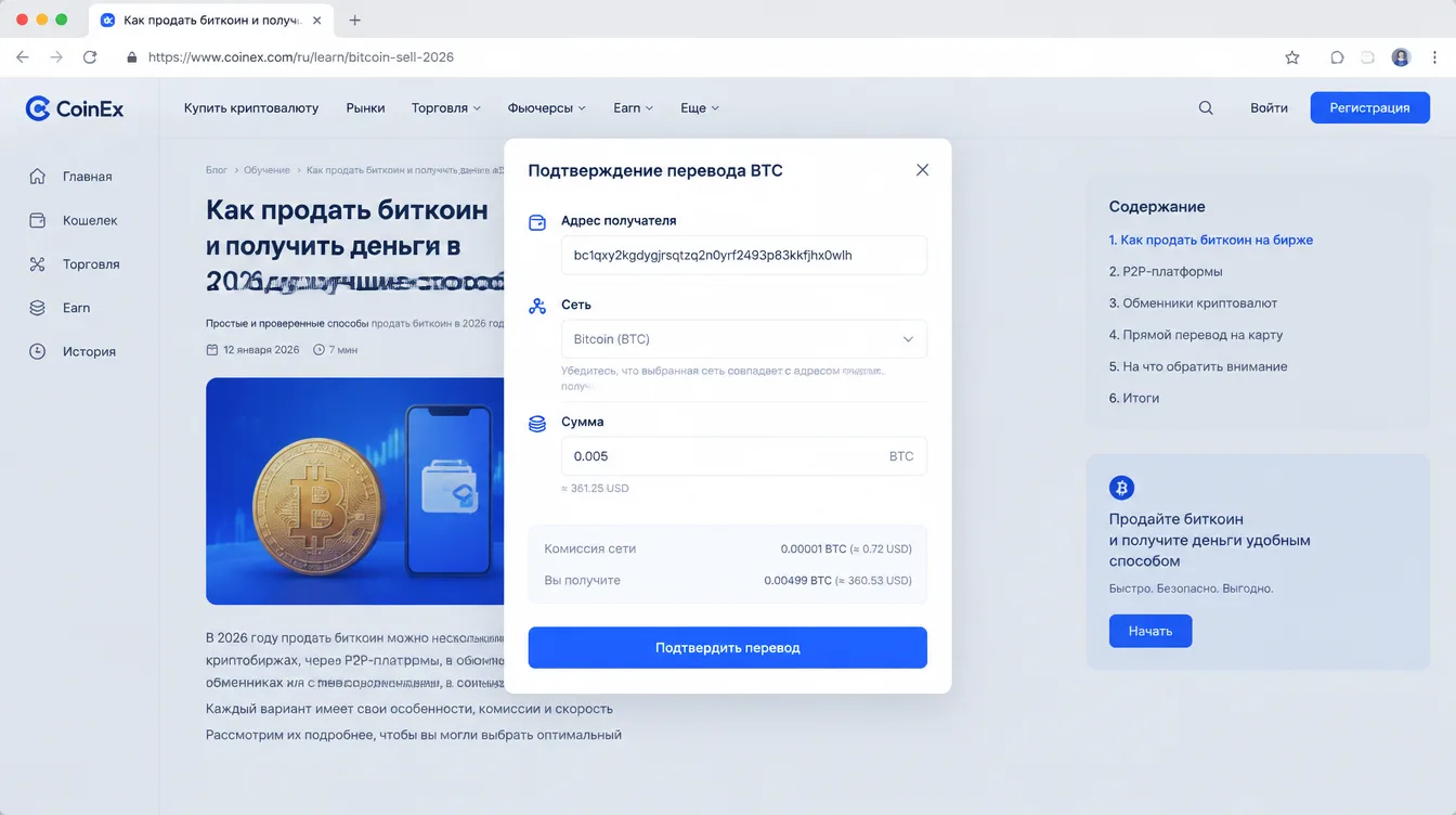 Скриншот: окно подтверждения перевода BTC с полями адреса получателя, сети и суммы