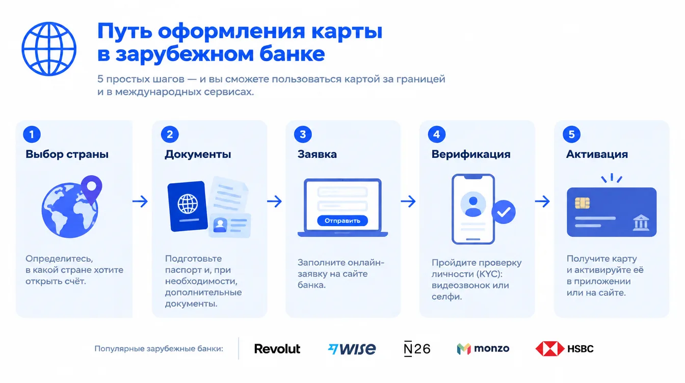 Схема: путь оформления карты в зарубежном банке — выбор страны, документы, заявка, верификация, активация