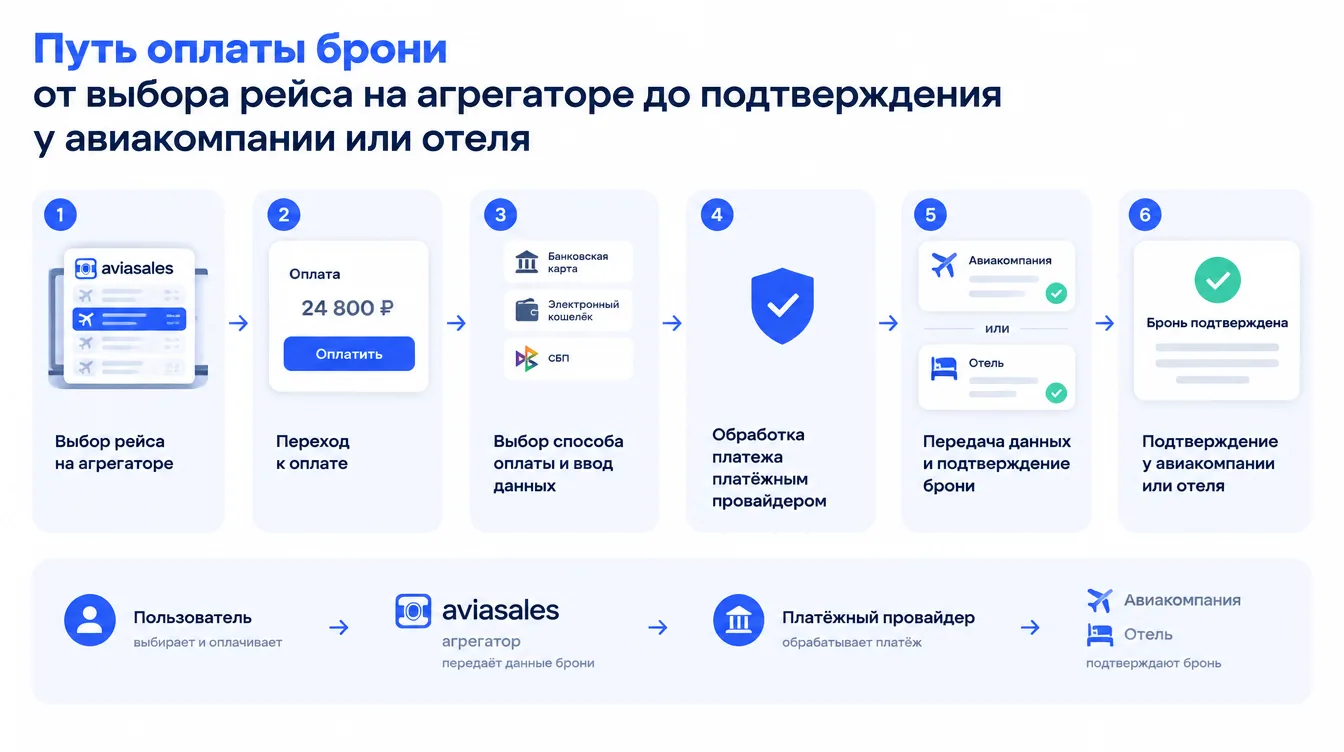 Схема: путь оплаты брони от выбора рейса на агрегаторе до подтверждения у авиакомпании или отеля