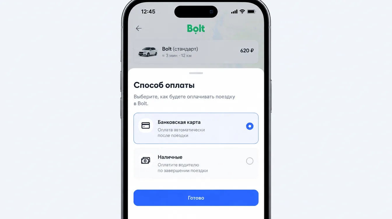 Скриншот: экран выбора способа оплаты в приложении такси с вариантами карты и наличных