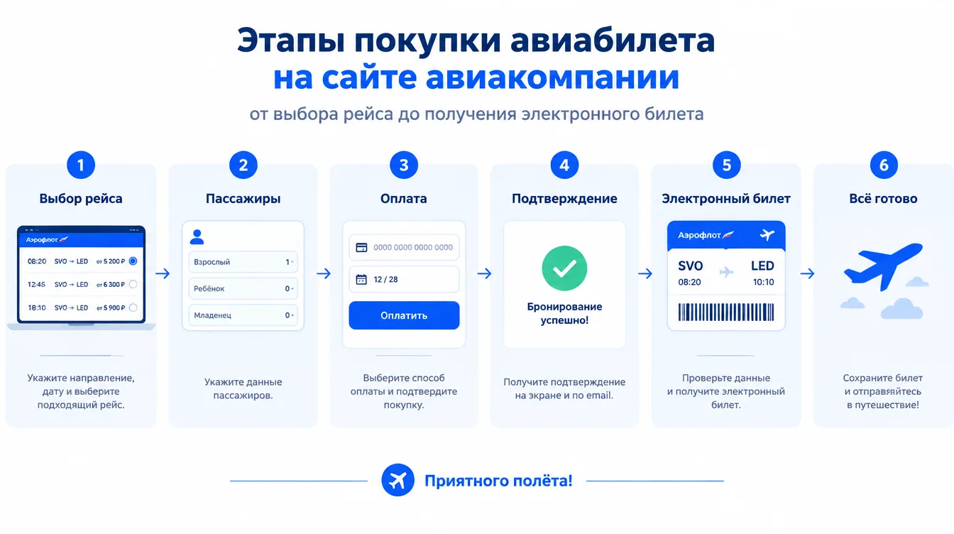 Схема: этапы покупки авиабилета на сайте авиакомпании от выбора рейса до получения электронного билета