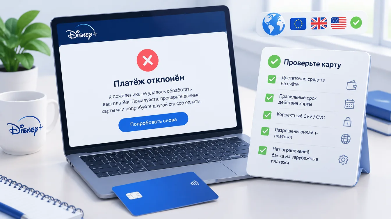 Иллюстрация: экран с сообщением об отклонённом платеже и чек-лист проверки карты рядом