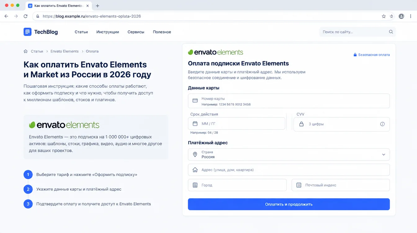 Скриншот: форма оплаты Envato Elements с полями номера карты, срока действия и платёжного адреса