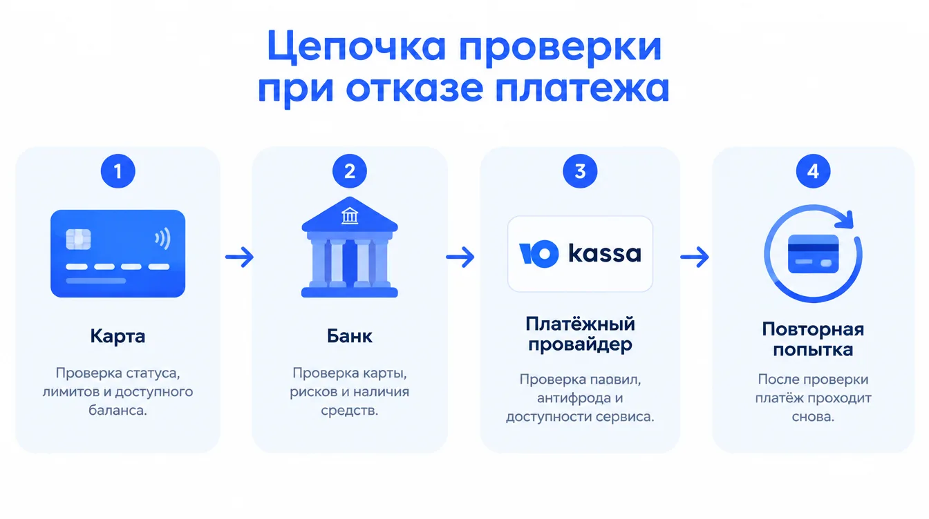 Схема: цепочка проверки при отказе платежа — карта, банк, платёжный провайдер, повторная попытка