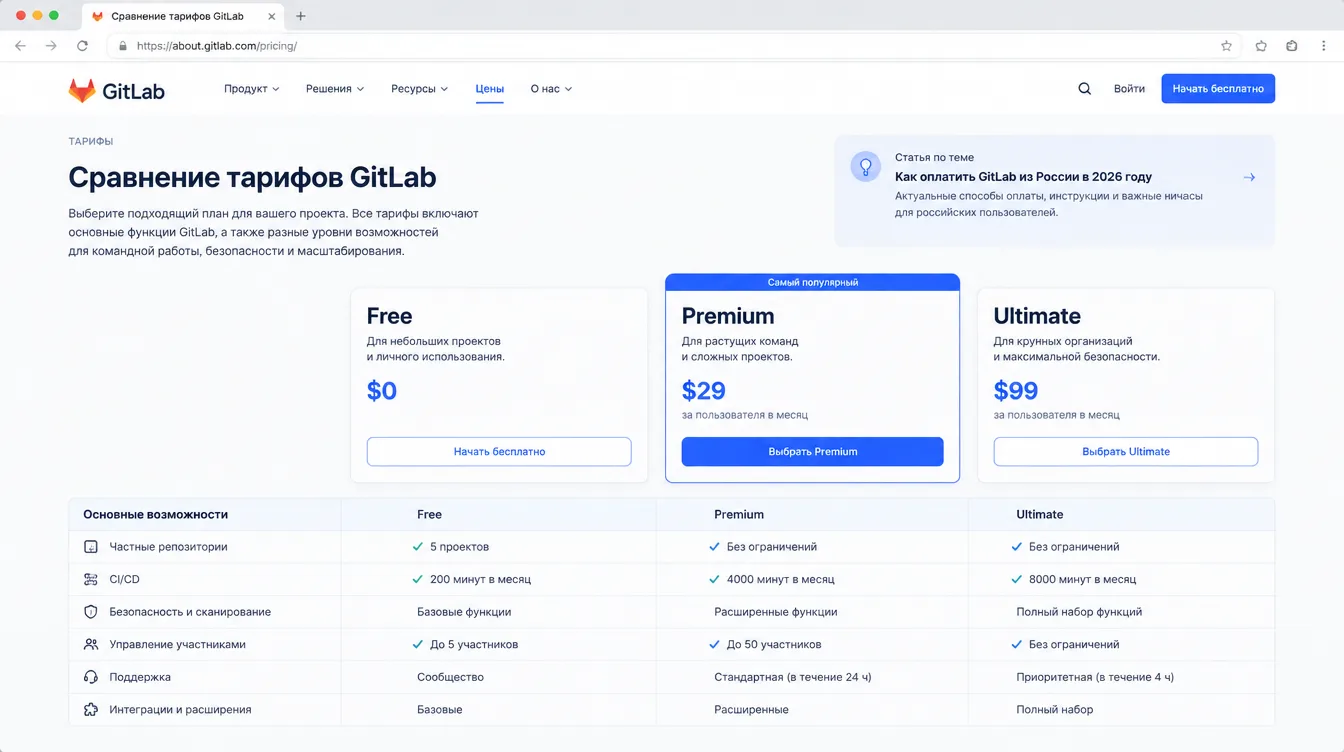 Скриншот: страница сравнения тарифов GitLab Free, Premium и Ultimate