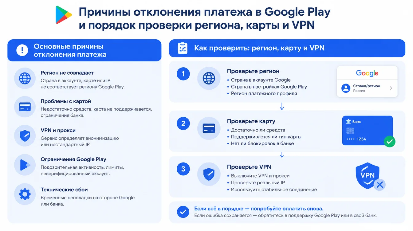 Схема: причины отклонения платежа в Google Play и порядок проверки региона, карты и VPN