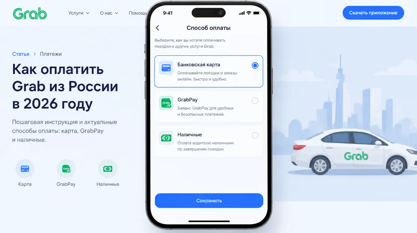 Скриншот: экран приложения Grab с выбором способа оплаты — карта, GrabPay и наличные