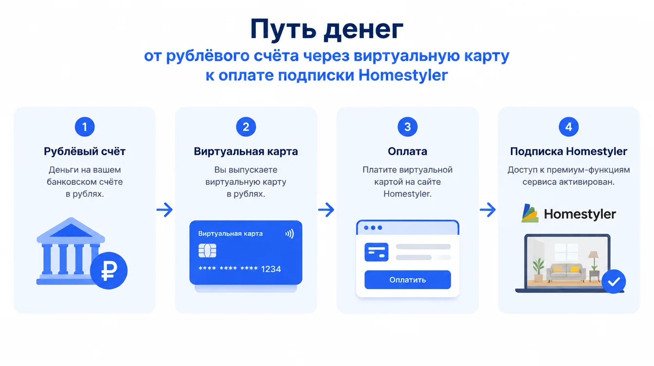 Схема: путь денег от рублёвого счёта через виртуальную карту к оплате подписки Homestyler