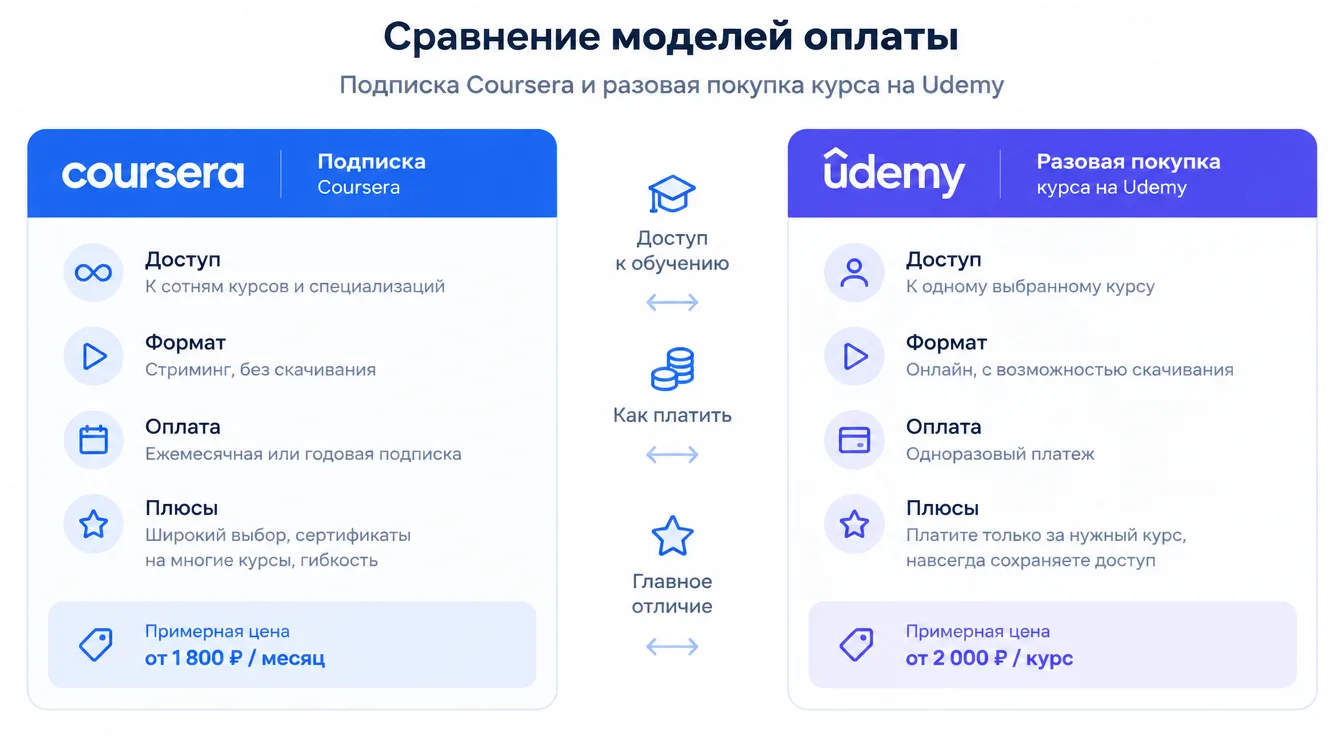 Схема: сравнение моделей оплаты — подписка Coursera и разовая покупка курса на Udemy
