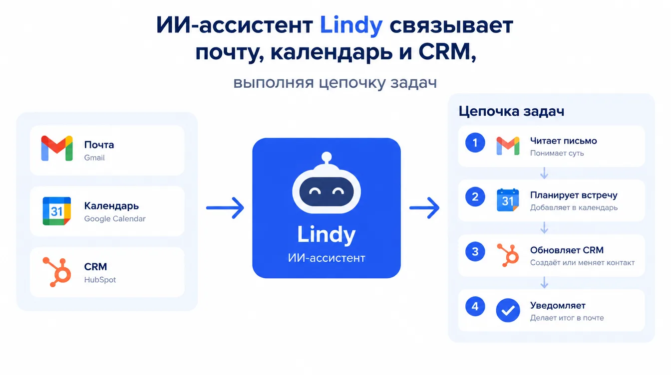 Схема: ИИ-ассистент Lindy связывает почту, календарь и CRM, выполняя цепочку задач