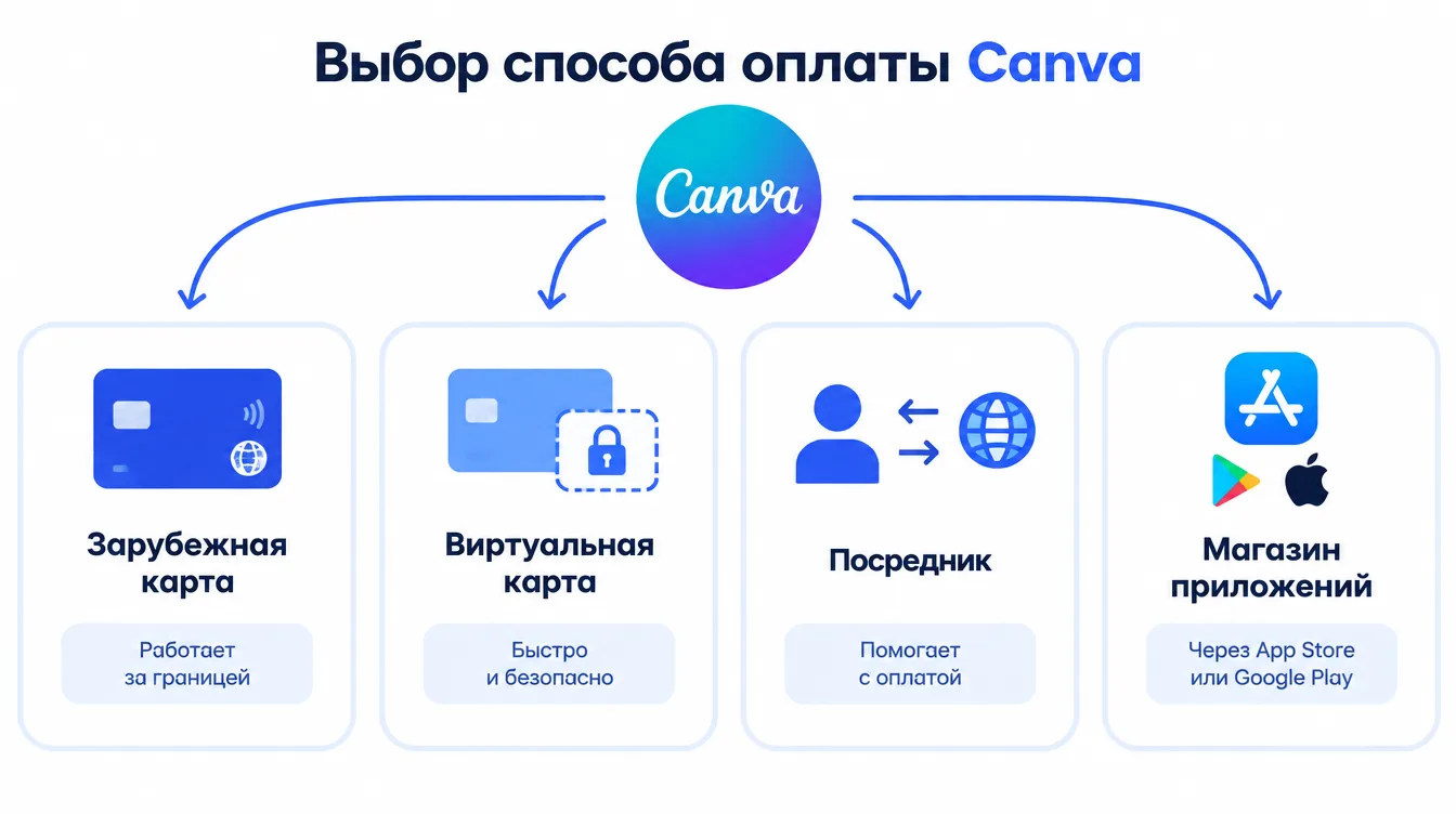 Схема: выбор способа оплаты Canva — зарубежная карта, виртуальная карта, посредник, магазин приложений
