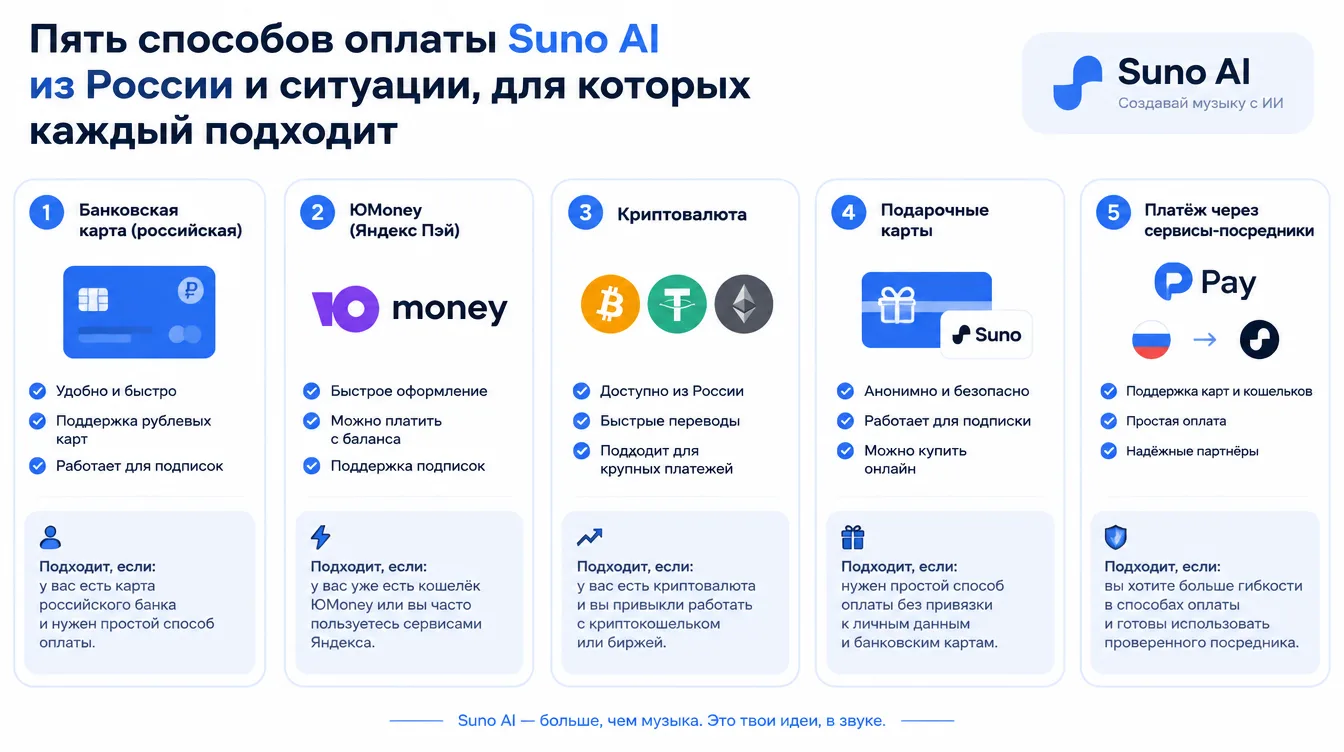 Схема: пять способов оплаты Suno AI из России и ситуации, для которых каждый подходит