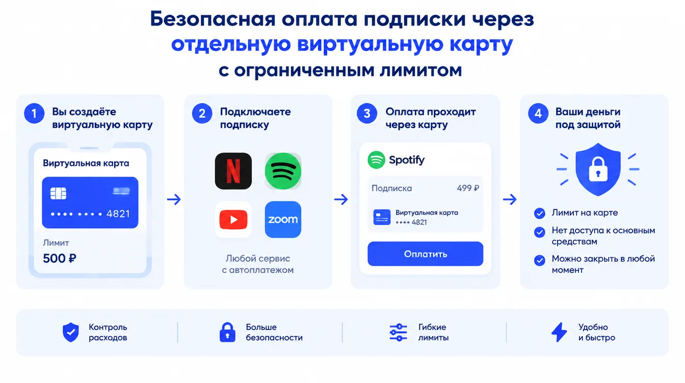 Схема: безопасная оплата подписки через отдельную виртуальную карту с ограниченным лимитом