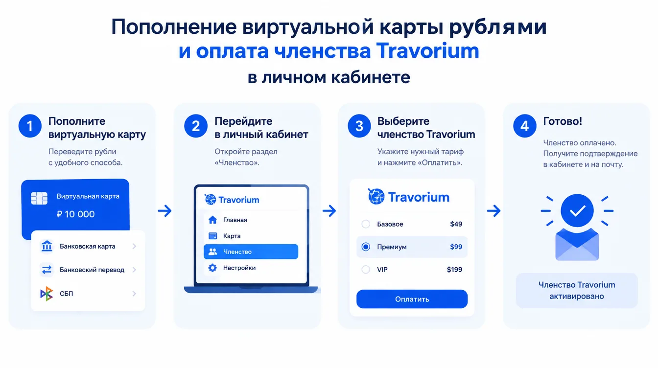 Схема: пополнение виртуальной карты рублями и оплата членства Travorium в личном кабинете