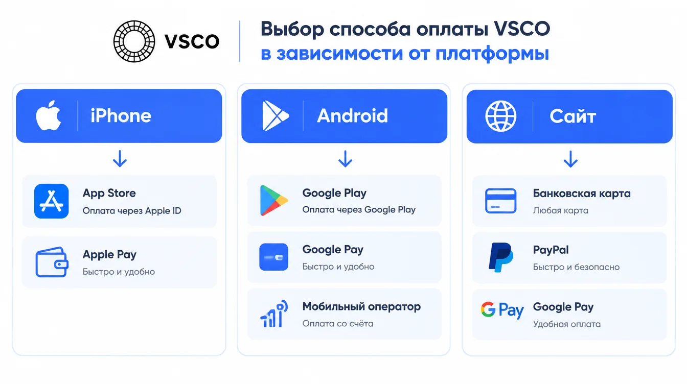 Схема: выбор способа оплаты VSCO в зависимости от платформы — iPhone, Android или сайт