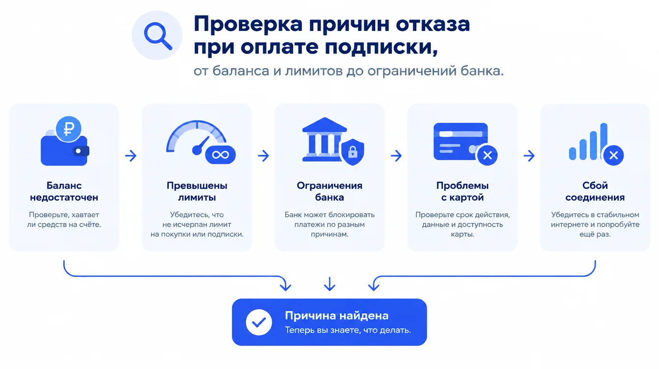 Схема: проверка причин отказа при оплате подписки, от баланса и лимитов до ограничений банка